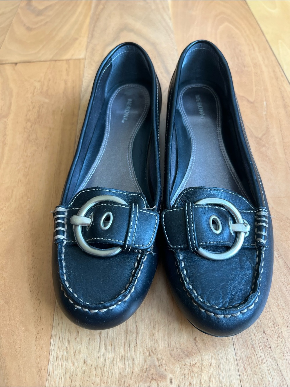 Women’s size 7.5 Merona Black Leather Buckle Loafers